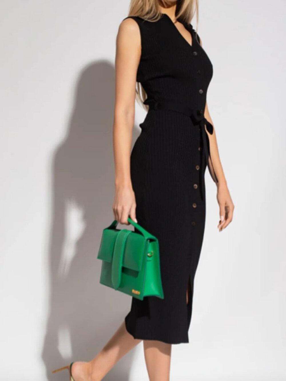 Nanushka Aubree Black Ribbed Belted Midi Dress M
